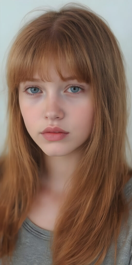 a (((fantastic young teen girl))), in a (super detailed, high-resolution, full-body shot), illustrating a sense of (extreme detail and advanced technology) that captures the essence of a realistic, visual masterpiece, she has very long straight soft red hair, bangs, full kissable lips, side view, grey backdrop