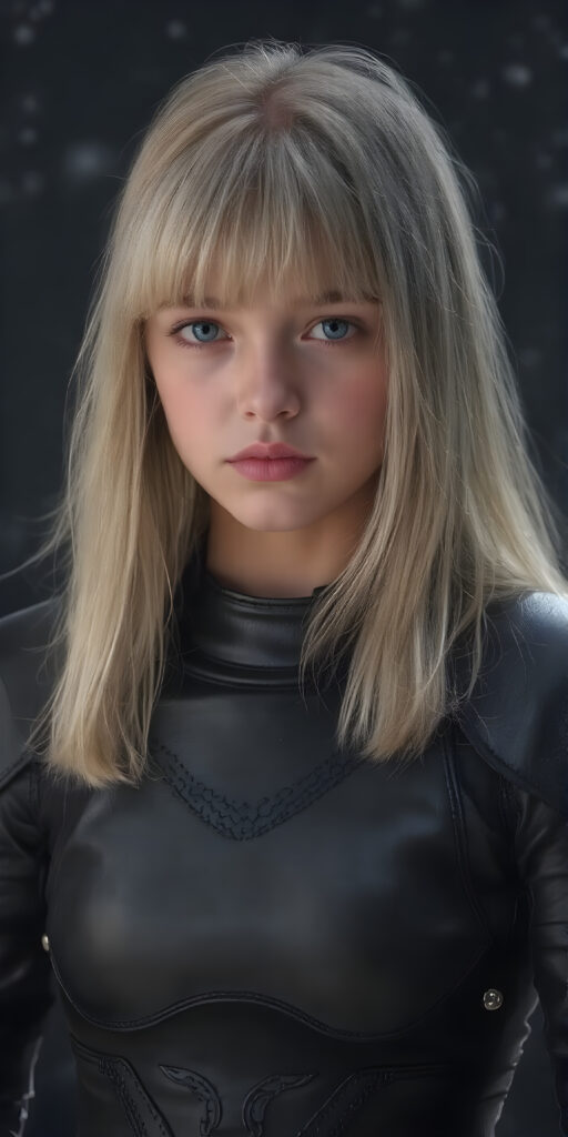 a (((fantastic young teen girl))) with a sleek, ((black leather armor)), adorned with intricate, interwoven patterns that give off a glow, blending seamlessly with her (very futuristic silhouettes), in a (super detailed, high-resolution, full-body shot), under a (softly glowing starry night sky) backdrop, illustrating a sense of (extreme detail and advanced technology) that captures the essence of a (realistic, space fantasy) visual masterpiece, she has long straight soft blond shoulder long hair, bangs