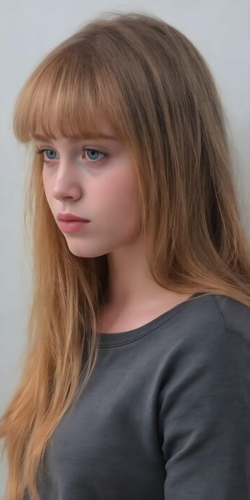 a (((fantastic young teen girl))), in a (super detailed, high-resolution, full-body shot), illustrating a sense of (extreme detail and advanced technology) that captures the essence of a realistic, visual masterpiece, she has very long straight soft red hair, bangs, full kissable lips, side view, grey backdrop