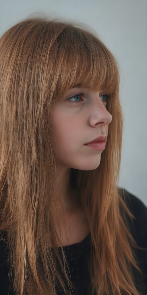 a (((fantastic young teen girl))), in a (super detailed, high-resolution, full-body shot), illustrating a sense of (extreme detail and advanced technology) that captures the essence of a realistic, visual masterpiece, she has very long straight soft red hair, bangs, full kissable lips, side view, grey backdrop