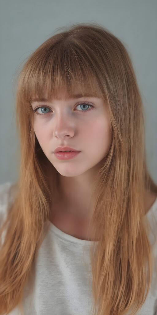 a (((fantastic young teen girl))), in a (super detailed, high-resolution, full-body shot), illustrating a sense of (extreme detail and advanced technology) that captures the essence of a realistic, visual masterpiece, she has very long straight soft red hair, bangs, full kissable lips, side view, grey backdrop