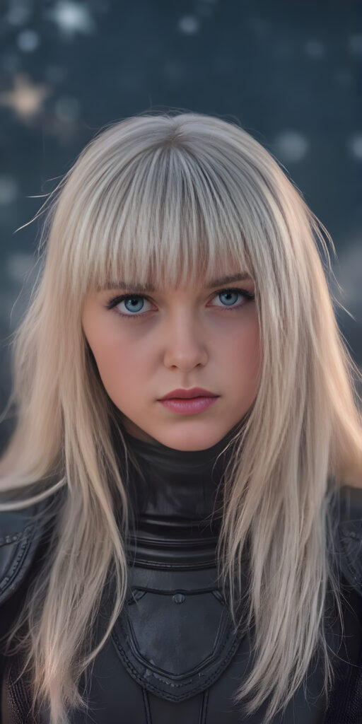 a (((fantastic young teen girl))) with a sleek, ((black thin leader armor)), in a (super detailed, high-resolution, full-body shot), under a (softly glowing starry night sky backdrop), illustrating a sense of (extreme detail and advanced technology) that captures the essence of a (realistic, space fantasy) visual masterpiece, she has very long straight soft white hair, bangs, full kissable lips