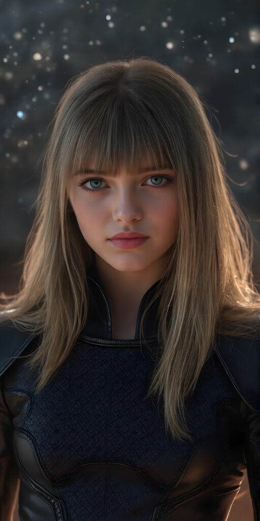 a (((fantastic young teen girl))) with a sleek, ((black leather armor)), adorned with intricate, interwoven patterns that give off a glow, blending seamlessly with her (very futuristic silhouettes), in a (super detailed, high-resolution, full-body shot), under a (softly glowing starry night sky) backdrop, illustrating a sense of (extreme detail and advanced technology) that captures the essence of a (realistic, space fantasy) visual masterpiece, she has long straight soft blond shoulder long hair, bangs