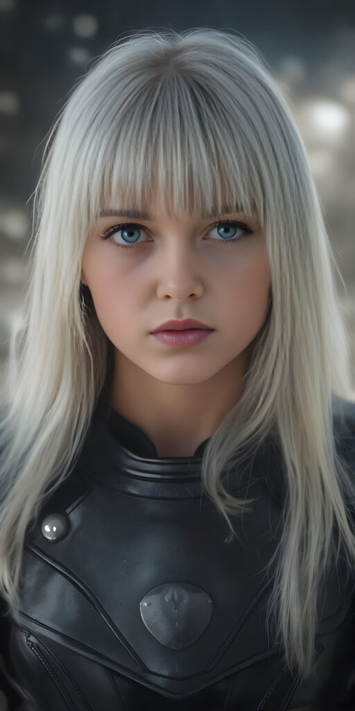 a (((fantastic young teen girl))) with a sleek, ((black thin leader armor)), in a (super detailed, high-resolution, full-body shot), under a (softly glowing starry night sky backdrop), illustrating a sense of (extreme detail and advanced technology) that captures the essence of a (realistic, space fantasy) visual masterpiece, she has very long straight soft white hair, bangs, full kissable lips