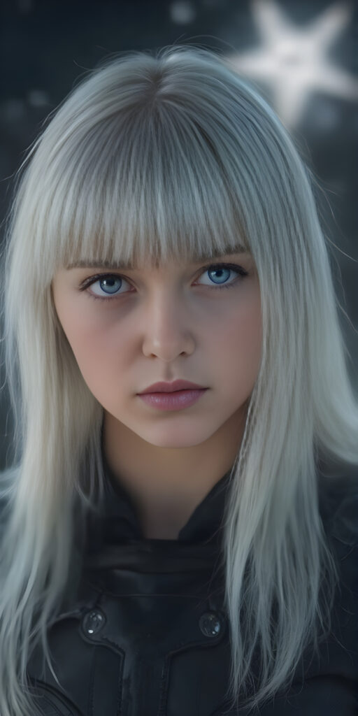 a (((fantastic young teen girl))) with a sleek, ((black thin leader armor)), in a (super detailed, high-resolution, full-body shot), under a (softly glowing starry night sky backdrop), illustrating a sense of (extreme detail and advanced technology) that captures the essence of a (realistic, space fantasy) visual masterpiece, she has very long straight soft white hair, bangs, full kissable lips