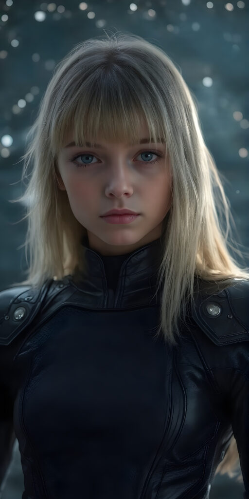 a (((fantastic young teen girl))) with a sleek, ((black leather armor)), adorned with intricate, interwoven patterns that give off a glow, blending seamlessly with her (very futuristic silhouettes), in a (super detailed, high-resolution, full-body shot), under a (softly glowing starry night sky) backdrop, illustrating a sense of (extreme detail and advanced technology) that captures the essence of a (realistic, space fantasy) visual masterpiece, she has long straight soft blond shoulder long hair, bangs