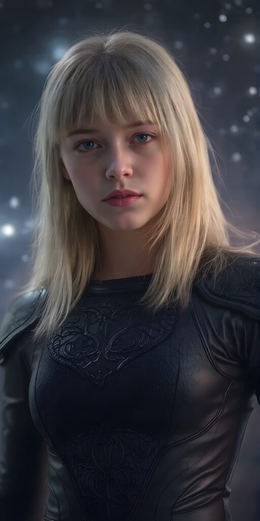 a (((fantastic young teen girl))) with a sleek, ((black leather armor)), adorned with intricate, interwoven patterns that give off a glow, blending seamlessly with her (very futuristic silhouettes), in a (super detailed, high-resolution, full-body shot), under a (softly glowing starry night sky) backdrop, illustrating a sense of (extreme detail and advanced technology) that captures the essence of a (realistic, space fantasy) visual masterpiece, she has long straight soft blond shoulder long hair, bangs
