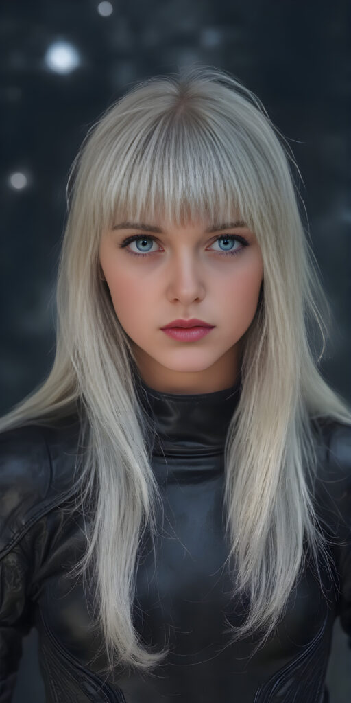 a (((fantastic young teen girl))) with a sleek, ((black thin leader armor)), in a (super detailed, high-resolution, full-body shot), under a (softly glowing starry night sky backdrop), illustrating a sense of (extreme detail and advanced technology) that captures the essence of a (realistic, space fantasy) visual masterpiece, she has very long straight soft white hair, bangs, full kissable lips