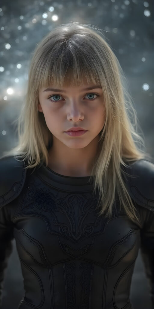a (((fantastic young teen girl))) with a sleek, ((black leather armor)), adorned with intricate, interwoven patterns that give off a glow, blending seamlessly with her (very futuristic silhouettes), in a (super detailed, high-resolution, full-body shot), under a (softly glowing starry night sky) backdrop, illustrating a sense of (extreme detail and advanced technology) that captures the essence of a (realistic, space fantasy) visual masterpiece, she has long straight soft blond shoulder long hair, bangs