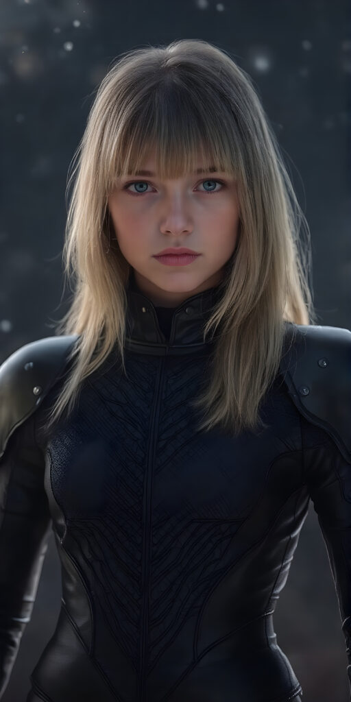 a (((fantastic young teen girl))) with a sleek, ((black leather armor)), adorned with intricate, interwoven patterns that give off a glow, blending seamlessly with her (very futuristic silhouettes), in a (super detailed, high-resolution, full-body shot), under a (softly glowing starry night sky) backdrop, illustrating a sense of (extreme detail and advanced technology) that captures the essence of a (realistic, space fantasy) visual masterpiece, she has long straight soft blond shoulder long hair, bangs