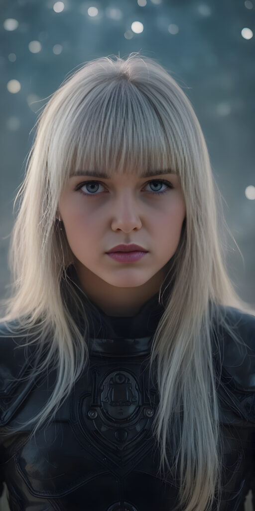 a (((fantastic young teen girl))) with a sleek, ((black thin leader armor)), in a (super detailed, high-resolution, full-body shot), under a (softly glowing starry night sky backdrop), illustrating a sense of (extreme detail and advanced technology) that captures the essence of a (realistic, space fantasy) visual masterpiece, she has very long straight soft white hair, bangs, full kissable lips