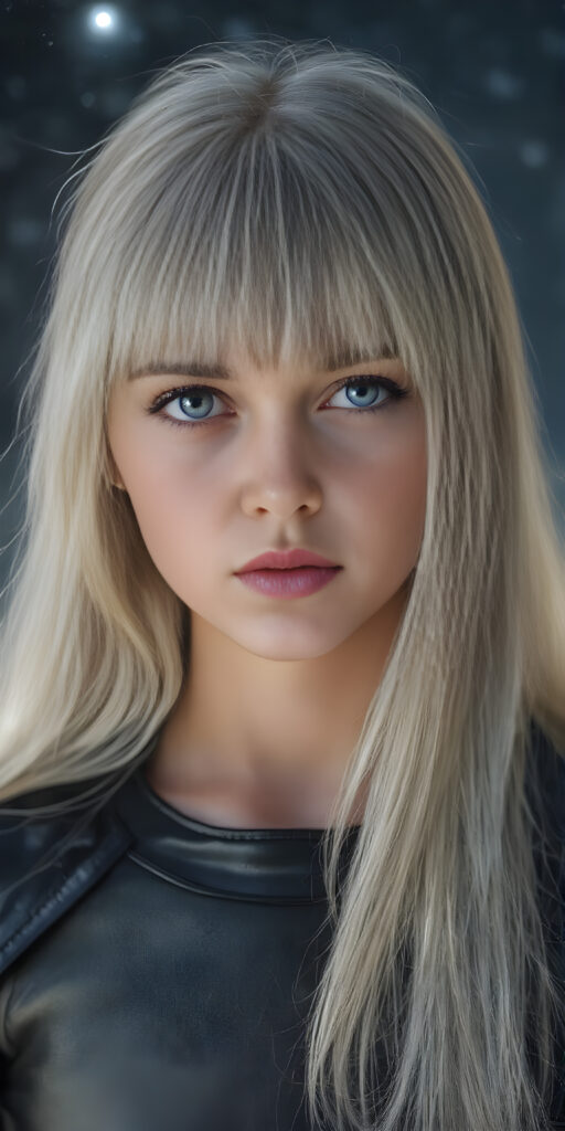 a (((fantastic young teen girl))) with a sleek, ((black thin leader armor)), in a (super detailed, high-resolution, full-body shot), under a (softly glowing starry night sky backdrop), illustrating a sense of (extreme detail and advanced technology) that captures the essence of a (realistic, space fantasy) visual masterpiece, she has very long straight soft white hair, bangs, full kissable lips