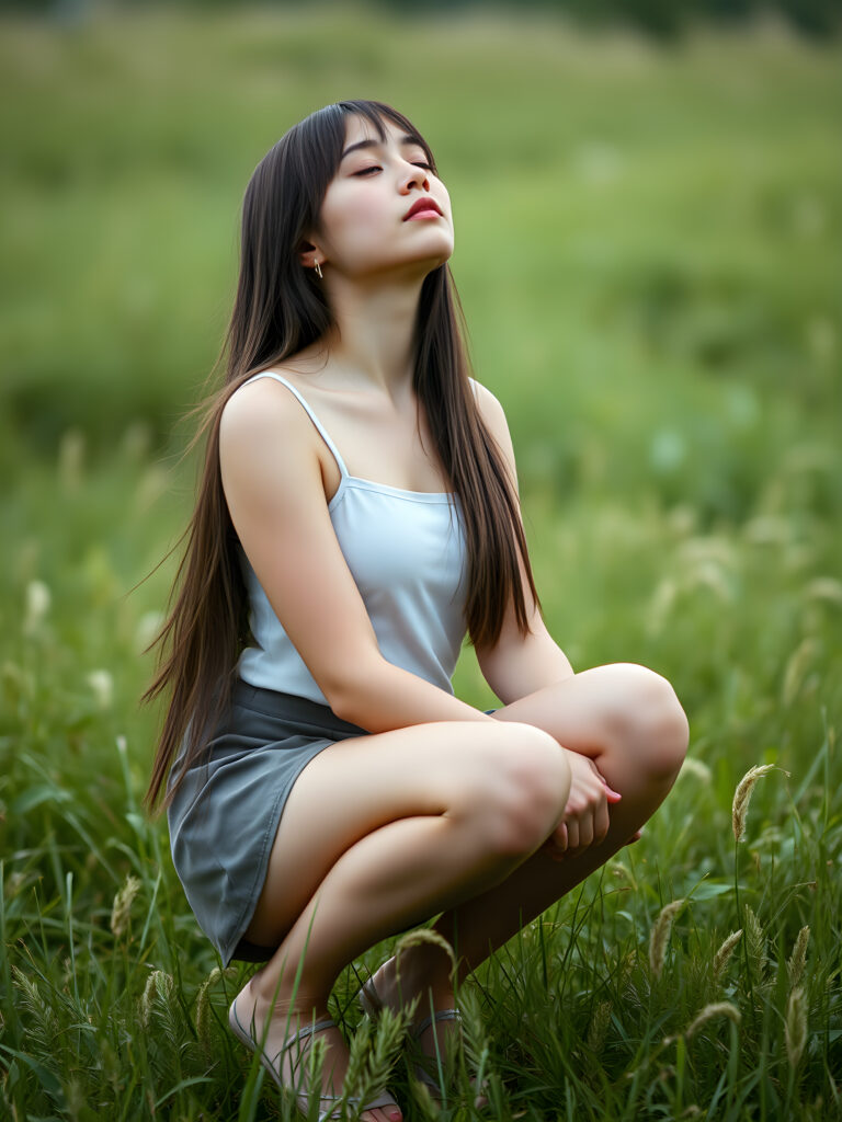 a fantastic pretty girl is squatting on a green meadow. She is wearing a short round skirt and a tank top, closed eyes, looks up, long straight hair falls down, view from the side