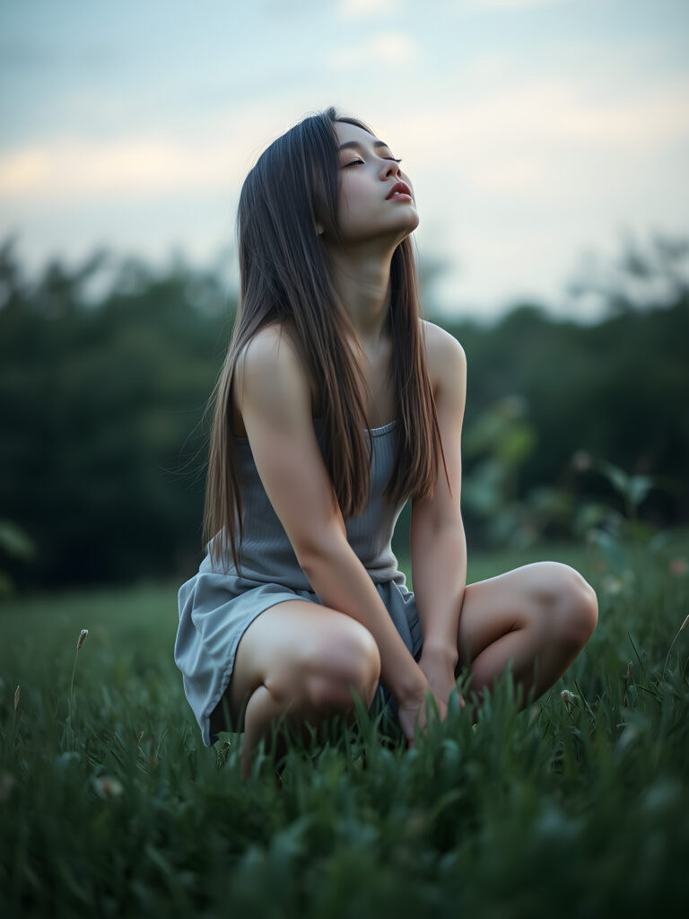 a fantastic pretty girl is squatting on a green meadow. She is wearing a short round skirt and a tank top, closed eyes, looks up, long straight hair falls down, view from the side