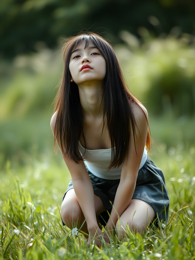 a fantastic pretty girl is squatting on a green meadow. She is wearing a short round skirt and a tank top, closed eyes, looks up, long straight hair falls down, view from the side