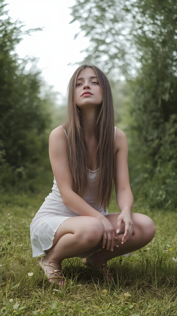 a fantastic pretty girl is squatting on a green meadow. She is wearing a short skirt and a tank top, closed eyes, looks up, long straight hair falls down back