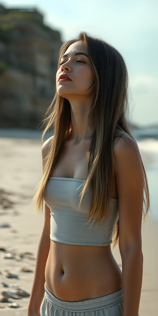 a fantastic pretty sun kissed girl standing on a lonely beach. She is wearing a short round mini skirt and a cropped tank top, closed eyes, looks up, long straight open and soft dark hair with blond highlights falls down same length, cute round belly button