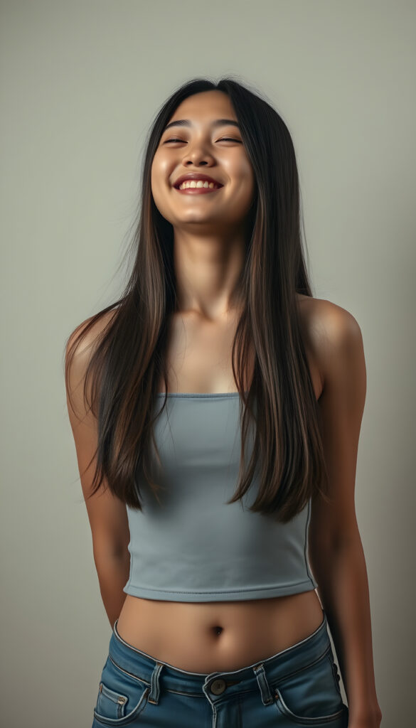 a fantastic pretty Asian teen girl is wearing a short denim jeans pants and a cropped tank top, closed eyes, looks up, smile happy, long straight hair in the same lenght, the backdrop is plain, she has a cute round belly button