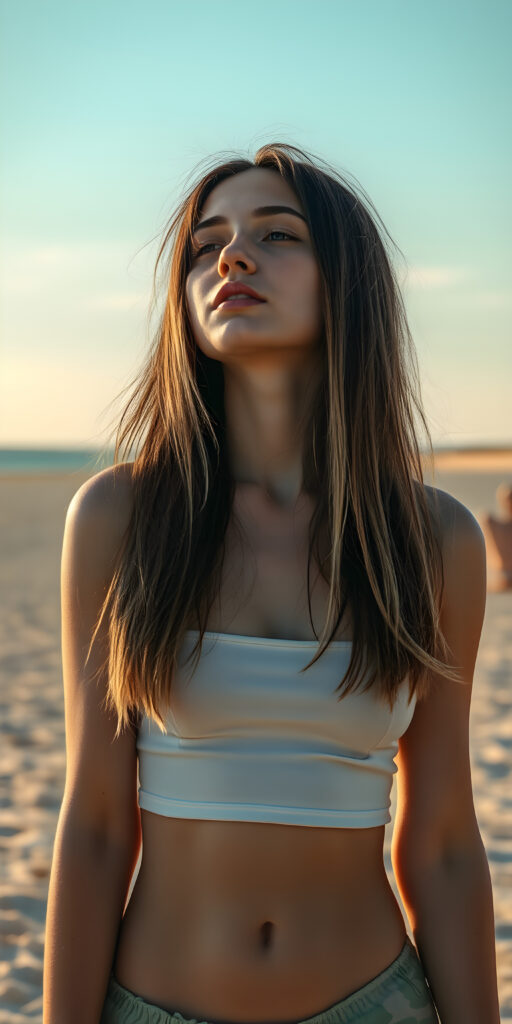 a fantastic pretty sun kissed girl standing on a lonely beach. She is wearing a short round mini skirt and a cropped tank top, closed eyes, looks up, long straight open and soft dark hair with blond highlights falls down same length, cute round belly button