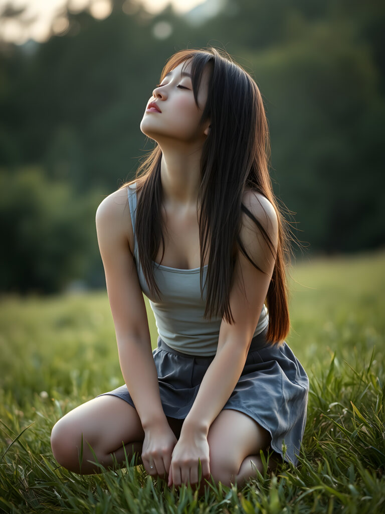 a fantastic pretty girl is squatting on a green meadow. She is wearing a short round skirt and a tank top, closed eyes, looks up, long straight hair falls down, view from the side