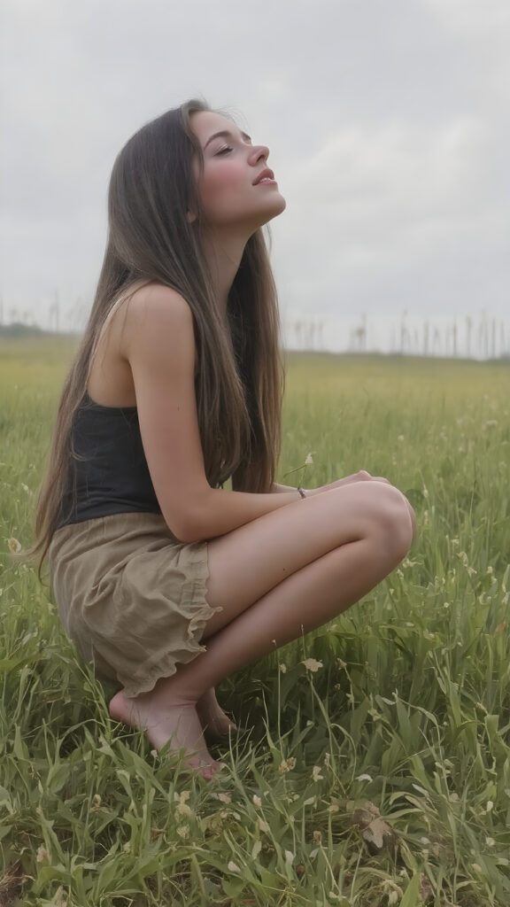 a fantastic pretty girl is squatting on a green meadow. She is wearing a short skirt and a tank top, closed eyes, looks up, long straight hair falls down back