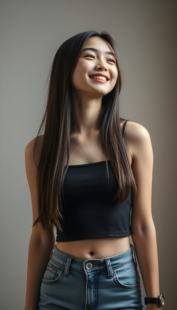 a fantastic pretty Asian teen girl is wearing a short denim jeans pants and a cropped tank top, closed eyes, looks up, smile happy, long straight hair in the same lenght, the backdrop is plain, she has a cute round belly button
