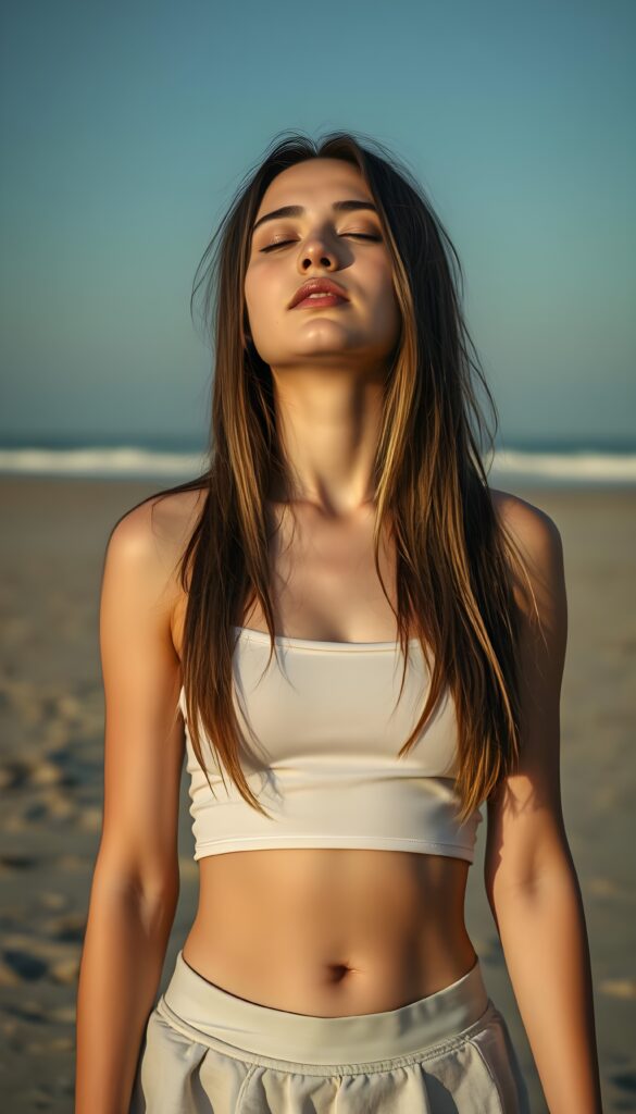 a fantastic pretty sun kissed girl standing on a lonely beach. She is wearing a short round mini skirt and a cropped tank top, closed eyes, looks up, long straight open and soft dark hair with blond highlights falls down same length, cute round belly button