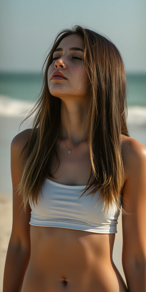 a fantastic pretty sun kissed girl standing on a lonely beach. She is wearing a short round mini skirt and a cropped tank top, closed eyes, looks up, long straight open and soft dark hair with blond highlights falls down same length, cute round belly button
