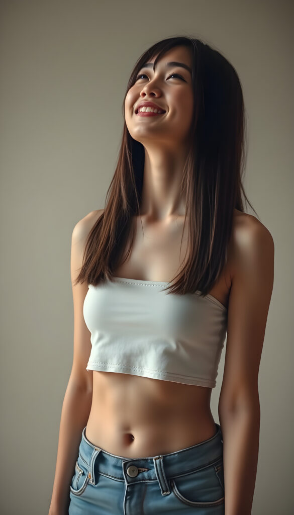 a fantastic pretty Asian teen girl is wearing a short denim jeans pants and a cropped tank top, closed eyes, looks up, smile happy, long straight hair in the same lenght, the backdrop is plain, she has a cute round belly button