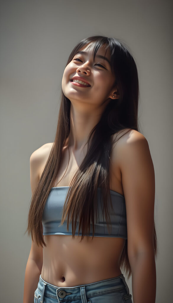 a fantastic pretty Asian teen girl is wearing a short denim jeans pants and a cropped tank top, closed eyes, looks up, smile happy, long straight hair in the same lenght, the backdrop is plain, she has a cute round belly button
