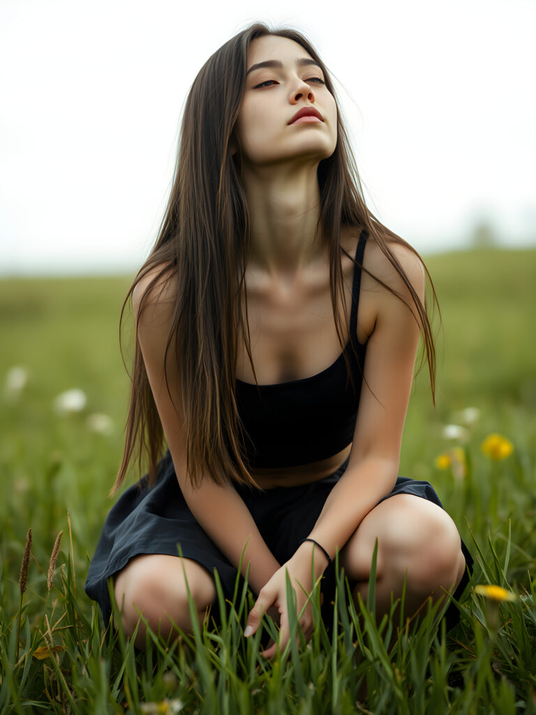 a fantastic pretty girl is squatting on a green meadow. She is wearing a short round skirt and a tank top, closed eyes, looks up, long straight hair falls down, view from the side