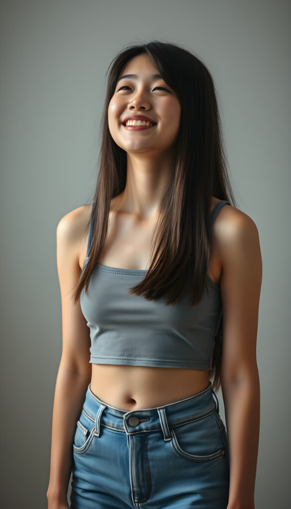a fantastic pretty Asian teen girl is wearing a short denim jeans pants and a cropped tank top, closed eyes, looks up, smile happy, long straight hair in the same lenght, the backdrop is plain, she has a cute round belly button