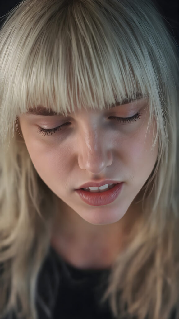 a fantastic stunning gorgeous teen girl, long straight soft white hair, bangs, view from above, she looks seductive up to the viewer, white teeth, closed eyes, black backdrop, perfect light and shadows