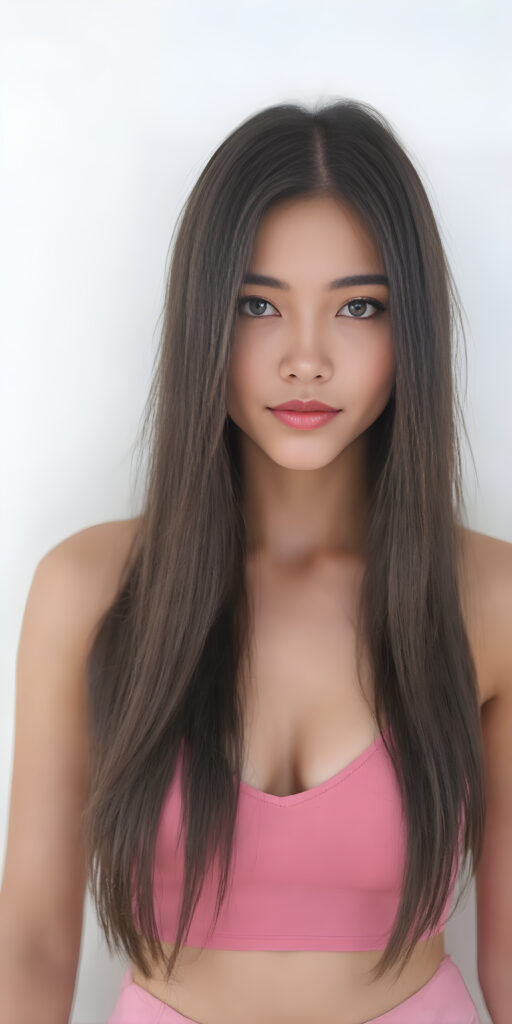 a fantastic stunning and gorgeous young Asian girl looks like a doll, perfect body, deep v-neck, ((long straight soft black hair)), super short cropped pink tank top, full lips, light blue eyes, she wears tight pink leggings that emphasize her body, white backdrop