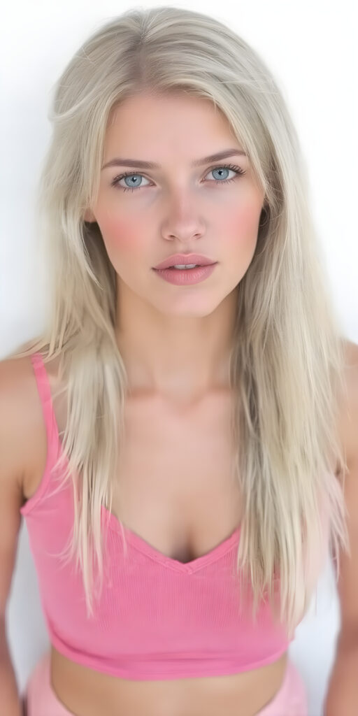 a fantastic stunning and gorgeous girl looks like barbie, perfect body, ((long wavy neon pink hair)), sunny modern apartment in backdrop, super short cropped pink tank top, full lips, light blue eyes, perfect body, smile