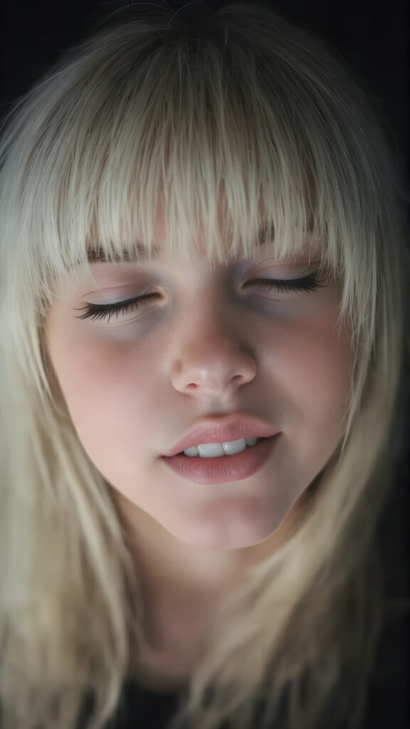 a fantastic stunning gorgeous teen girl, long straight soft white hair, bangs, view from above, she looks seductive up to the viewer, white teeth, closed eyes, black backdrop, perfect light and shadows