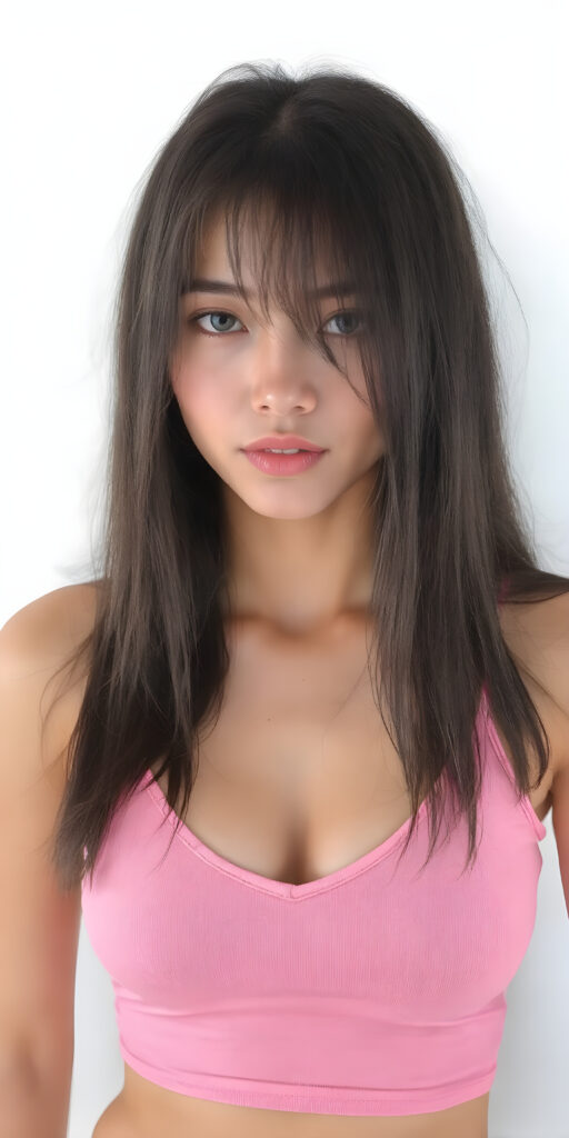 a fantastic stunning and gorgeous young Asian girl looks like a doll, perfect body, deep v-neck, ((long straight soft black hair)), super short cropped pink tank top, full lips, light blue eyes, she wears tight pink leggings that emphasize her body, white backdrop