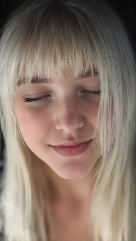 a fantastic stunning gorgeous teen girl, long straight soft white hair, bangs, view from above, she looks seductive up to the viewer, white teeth, closed eyes, black backdrop, perfect light and shadows