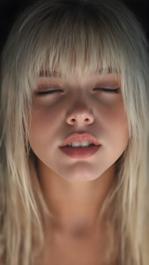 a fantastic stunning gorgeous teen girl, long straight soft white hair, bangs, view from above, she looks seductive up to the viewer, white teeth, closed eyes, black backdrop, perfect light and shadows