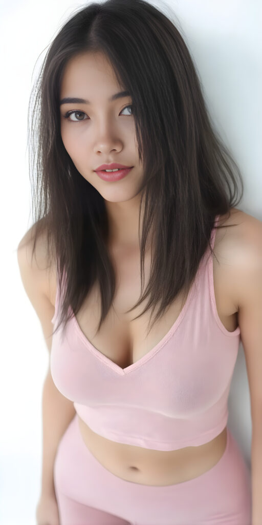 a fantastic stunning and gorgeous young Asian girl looks like a doll, perfect body, deep v-neck, ((long straight soft black hair)), super short cropped pink tank top, full lips, light blue eyes, she wears tight pink leggings that emphasize her body, white backdrop
