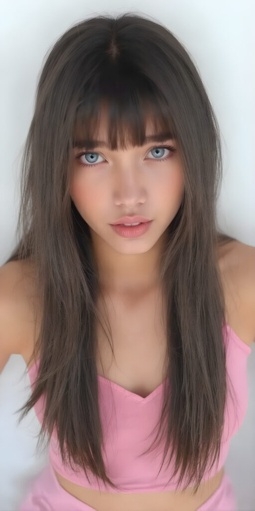 a fantastic stunning and gorgeous young Asian girl looks like a doll, perfect body, deep v-neck, ((long straight soft black hair)), super short cropped pink tank top, full lips, light blue eyes, she wears tight pink leggings that emphasize her body, white backdrop