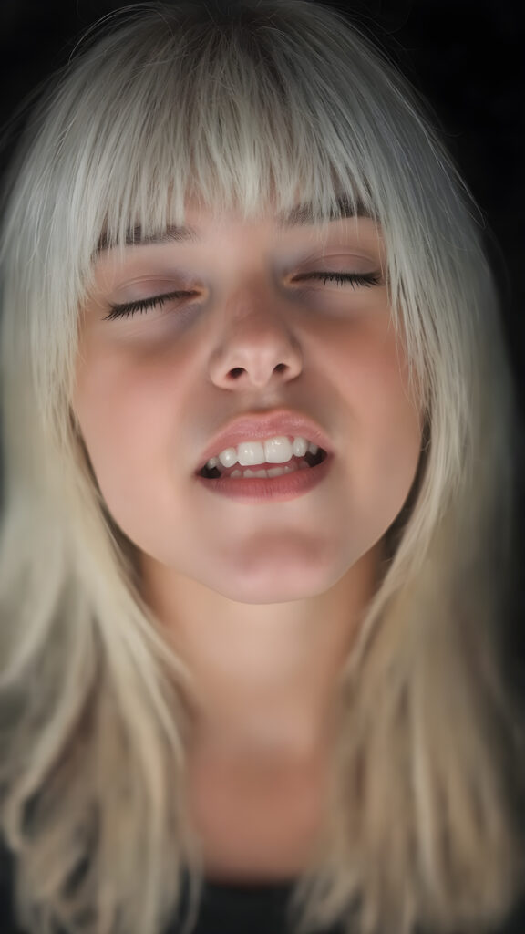 a fantastic stunning gorgeous teen girl, long straight soft white hair, bangs, view from above, she looks seductive up to the viewer, white teeth, closed eyes, black backdrop, perfect light and shadows