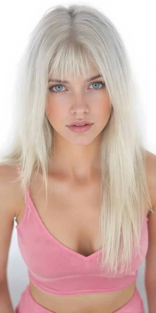 a fantastic stunning and gorgeous girl looks like barbie, perfect body, ((long wavy neon pink hair)), sunny modern apartment in backdrop, super short cropped pink tank top, full lips, light blue eyes, perfect body, smile