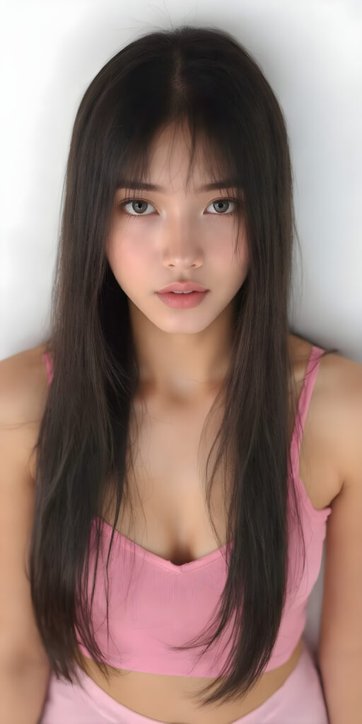 a fantastic stunning and gorgeous young Asian girl looks like a doll, perfect body, deep v-neck, ((long straight soft black hair)), super short cropped pink tank top, full lips, light blue eyes, she wears tight pink leggings that emphasize her body, white backdrop