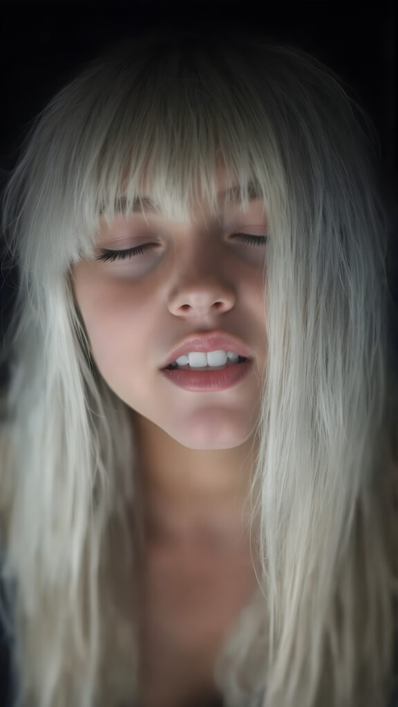 a fantastic stunning gorgeous teen girl, long straight soft white hair, bangs, view from above, she looks seductive up to the viewer, white teeth, closed eyes, black backdrop, perfect light and shadows