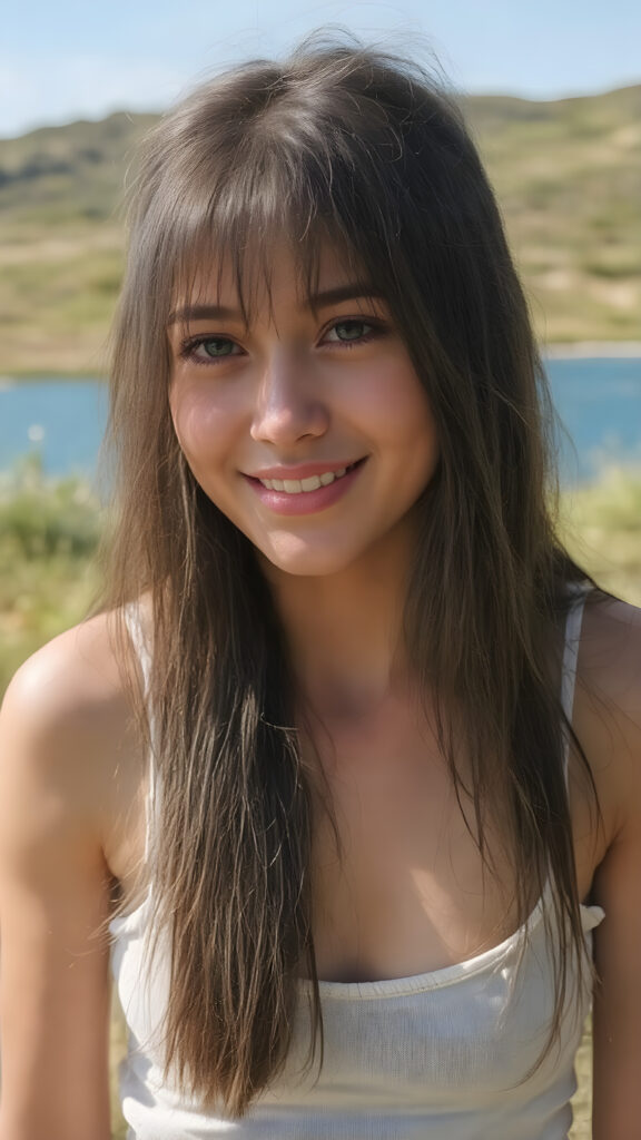 a fantastic young adult tanned teen girl, she is my daughter, with long straight black soft hair is standing in a sunny meadow. In the background is a deep blue lake, she is smiling, ((detailed and super realistic)), she wears a short plain tank top
