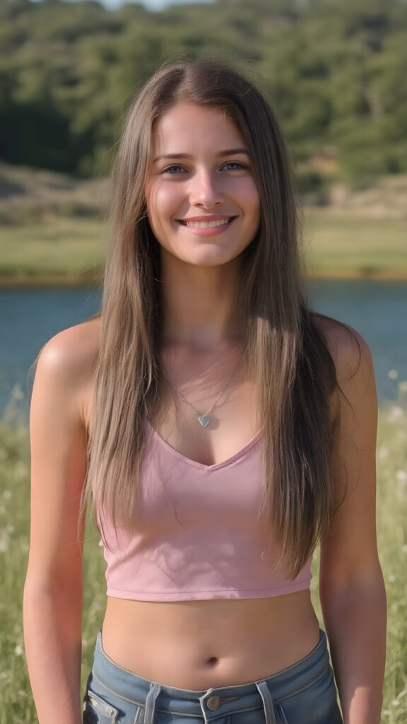 a fantastic young teen girl, she is my daughter, with long straight brown hair, standing in a sunny meadow. In the background is a deep blue lake, she is smiling, ((detailed and super realistic)), she wears a short cropped plain spaghetti pink tank top and deep v-neck, and short denim jeans pant, belly button, she is very happy, perfect body, silver necklace with a big heart