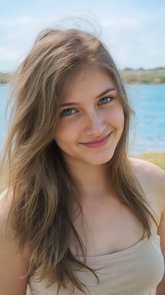a fantastic young adult teen girl, she is my daughter, with long brown soft hair is standing in a sunny meadow. In the background is a deep blue lake, she is smiling, ((detailed and super realistic)), she wears a short plain tank top