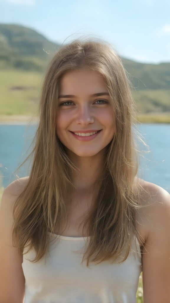 a fantastic young adult teen girl, she is my daughter, with long brown soft hair is standing in a sunny meadow. In the background is a deep blue lake, she is smiling, ((detailed and super realistic)), she wears a short plain tank top