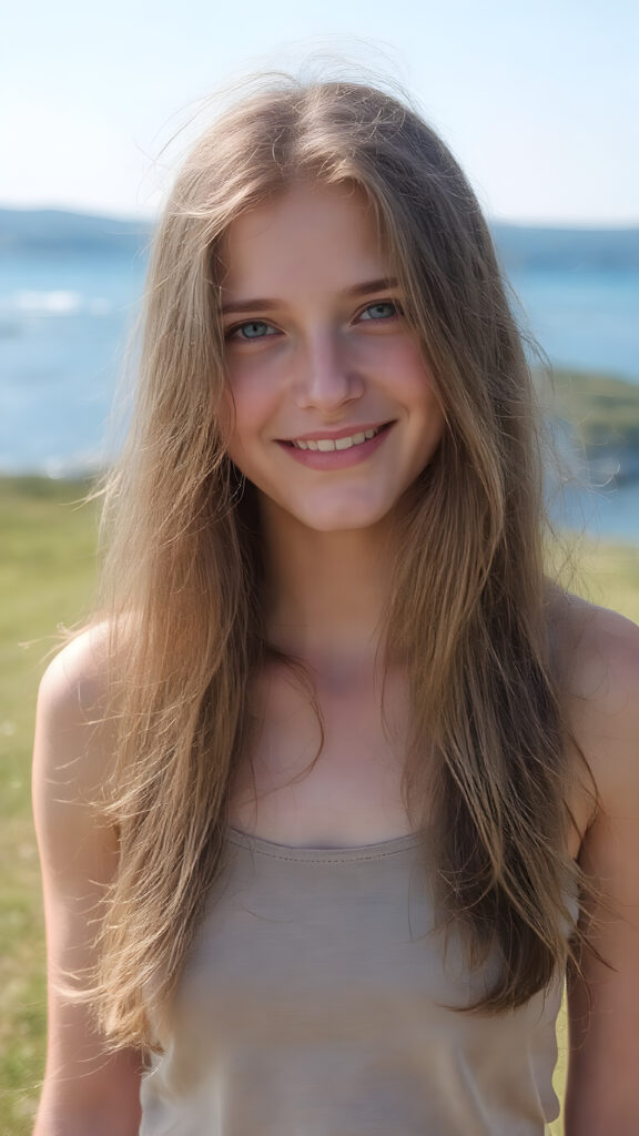 a fantastic young adult teen girl, she is my daughter, with long brown soft hair is standing in a sunny meadow. In the background is a deep blue lake, she is smiling, ((detailed and super realistic)), she wears a short plain tank top